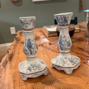 Vintage blue and white 7.5 inch candlestick holder set